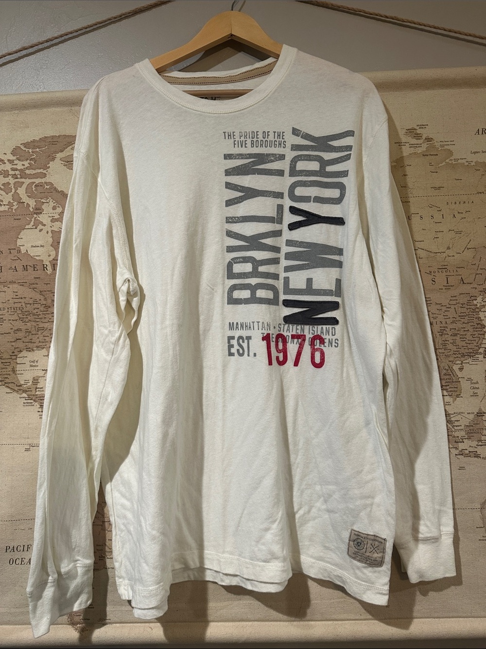 Old Navy Cream Long-Sleeve Brooklyn New York Graphic Tee with Red Accent